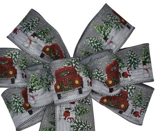 Snowman and Dog on Truck Bow - Wired Wreath Bow - Christmas Bow - Black White Red Bow - Holiday Bow - Snow Bow - Choose Size - Handmade Bow