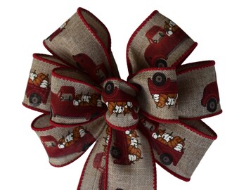 SMALL 6" Pumpkins on Truck Bow - Fall Bow - Handmade Bow - Wired Wreath Bow - Autumn Bow