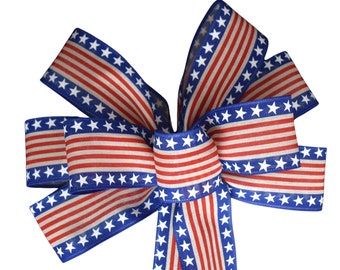 Wired Red, Natural and Blue Flag Patriotic Wreath Bow