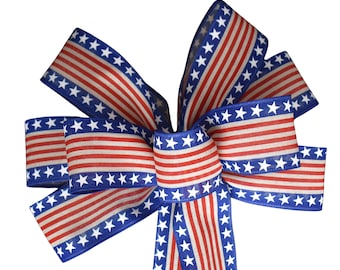 Red, Natural and Blue Patriotic Bow - Wired Wreath Bow - Handmade Bow - Flag Bow - Independence Day Bow - Red white blue Bow - Choose Size