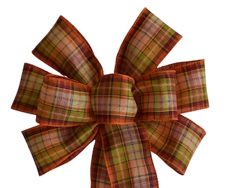 Fall Plaid Bow - Handmade Bow - Wired Wreath Bow - Autumn Bow - Orange Plaid Bow - Halloween Bow