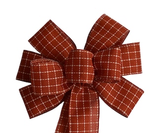Rust Orange Squares Bow - Handmade - Autumn Bow - Wired Wreath Bow - Burnt Orange Bow - Linen Bow - Fall Bow