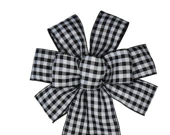 Black and White Gingham Check Wired Wreath Bow
