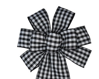 Black and White Gingham Check Bow - Handmade -  Wired Wreath Bow - Buffalo Plaid Bow