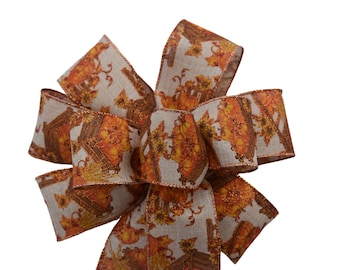Orange Glitter Pumpkin and Wheat Bow - Fall Bow - Autumn Bow - Handmade Bow - Wired Wreath Bow - Thanksgiving Bow