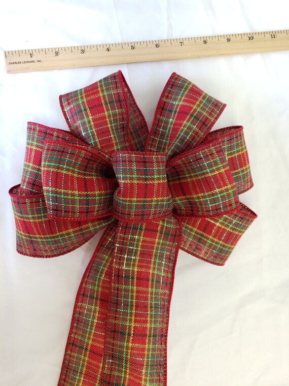 Plaid Christmas Bow Wreath Bow Beige Linen Plaid Green Satin