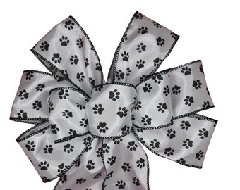 Paw Print on White Satin Bow - Handmade Bow - Black and White Bow - Dog Bow - Wired Wreath Bow