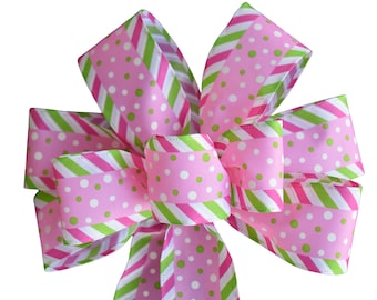 Spring Bow - Pink and Green Dots and Strripes -  Wired Wreath Bow