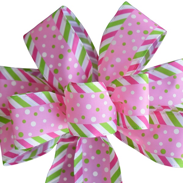 Spring Bow - Pink and Green Dots and Strripes -  Wired Wreath Bow