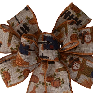 SMALL 6" Scarecrow Bow - Wired Wreath Bow - Handmade Bow - Fall Bow - Harvest Bow - Autumn Bow - Orange and Brown Bow - Linen Bow