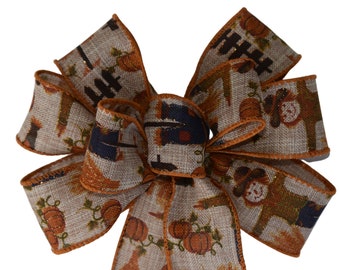 SMALL 6" Scarecrow Bow - Wired Wreath Bow - Handmade Bow - Fall Bow - Harvest Bow - Autumn Bow - Orange and Brown Bow - Linen Bow