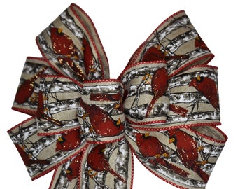 Cardinals on Birch Tree Bow - Handmade Bow - Wired Wreath Bow - Christmas Bow - Holiday Bow - Choose Size - Red, Tan and White Bow - Bird