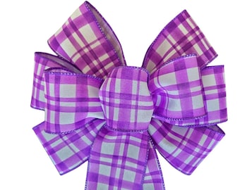 Purple and White Plaid Bow - Handmade Bow - Choose Size - Wired Wreath Bow - Spring Bow - Easter Bow - Floral Bow - Flower Bow - Lavender