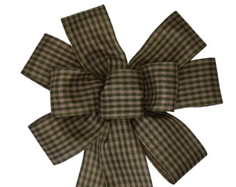 Wired Moss Green and Natural Gingham Wreath Bow