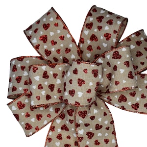 Red & White Hearts on Natural Linen Bow - Handmade Bow - Wired Wreath Bow - Valentine&#39;s Day Bow - Anniversary Bow