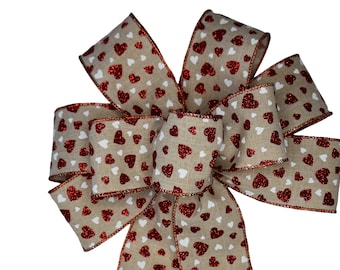 Red & White Hearts on Natural Linen Wired Wreath Bow