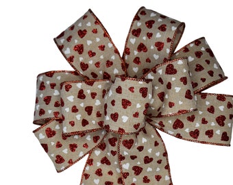 Red & White Hearts on Natural Linen Bow - Handmade Bow - Wired Wreath Bow - Valentine's Day Bow - Anniversary Bow