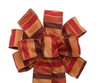 Orange and Rust Stripe Bow - Handmade Bow - Faux Silk Bow - Fall Bow - Wired Wreath Bow - Autumn Bow - Burnt Orange Bow - Choose Size