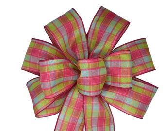 Bright Pink, Green and Blue Plaid Wired Wreath Bow