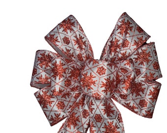 SMALL 6" Red Glitter Snowflakes Bow - Christmas Bow - Wired Wreath Bow - Handmade Bow - Home Decor - Holiday Bow - Red and White Bow
