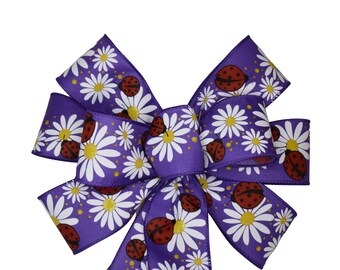 Lady Bug and Daisies on Purple Ribbon Bow - Handmade Bow - Wired Wreath Bow - Summer Bow - Choose Size - Floral Bow