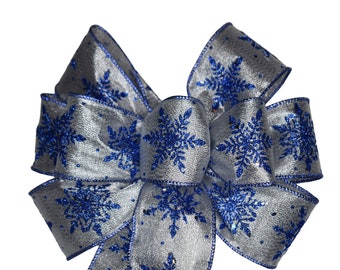 Blue Snowflake on Metallic Silver Ribbon Bow - Handmade Bow - Wired Wreath Bow -  Holiday Bow - Christmas Bow