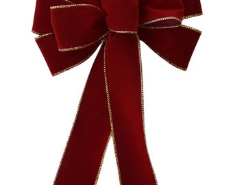 SMALL 6" Brick Red with Gold Edge Velvet Christmas Bow - Indoor/Outdoor - Wired Wreath Bow - Handmade Bow - Home Decor - Holiday Bow