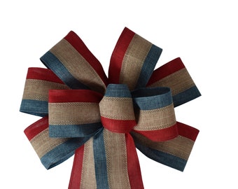 Red Natural Blue Stripe Bow - Handmade Bow - Patriotic Bow - Wired Wreath Bow - Flag Bow - Americana Bow - USA Bow