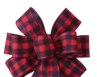 Red & Black Flannel Buffalo Plaid Bow - Christmas Bow - Handmade Bow - Wired Wreath Bow - Holiday Bow - Choose size