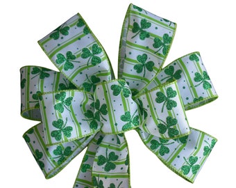 St. Patrick's Day Bow -  Lime Green Clovers and Shamrocks Bow - Handmade Bow - Wired Wreath Bow - Choose Size
