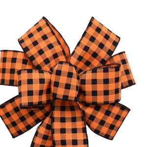 Orange und Schwarze Halloween Schleife - Handgemachte Schleife - Gingham Karo Schleife - Gedrahteter Kranz Schleife - Herbst Schleife - Gedruckte Schleife