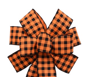 Orange and Black Halloween Check Wired Wreath Bow