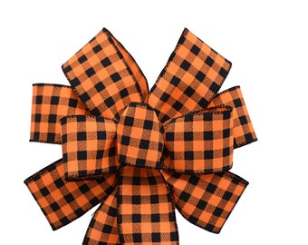 Orange and Black Halloween Bow - Handmade Bow - Gingham Plaid Bow - Wired Wreath Bow  - Fall Bow - Printed Bow