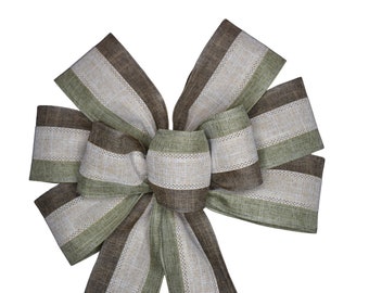 Moss Green, Natural and Brown Stripe Bow - Handmade Bow - Autumn Bow - Choose Size - Fall Bow - Wired Wreath Bow