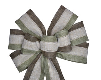 Moss Green, Natural and Brown Stripe Autumn Wired Wreath Bow