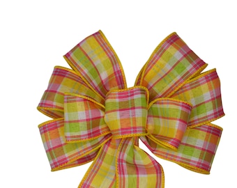 SMALL 6" Yellow Spring Plaid Bow - Handmade Bow - Wired Wreath Bow - Easter Bow - Yellow, Pink and Green Bow