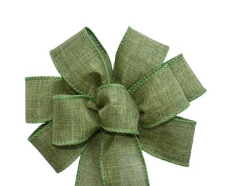 SMALL 6" Moss Green Linen  Bow - Handmade Bow - Wired Wreath Bow - Linen Bow