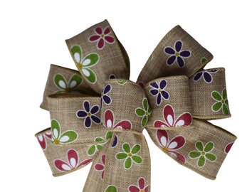 SMALL 6" Multicolor Daisy Bow - Handmade Bow -  Linen Bow - Wired Wreath Bow - Purple Pink and Lime Green Bow - Spring Bow - Summer Bow
