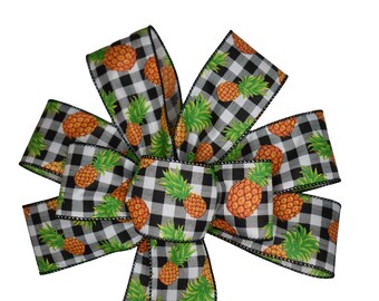 Pineapple Bow - Handmade Bow - Black and White Check Bow -  Wired Wreath Bow - Summer Bow - Fruit Bow - Food Bow - Home Decor - Choose Size