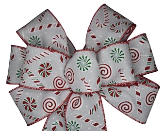 Christmas Candy Bow - Handmade Bow - Wired Wreath Bow - Holiday Bow - Red Green White Bow - Peppermint - Candy Cane - Choose Size - Lollipop