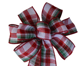 SMALL 6" Red, White and Green Bow - Handmade Bow - Christmas Bow - Holiday Bow - Plaid Bow - Wired Wreath Bow