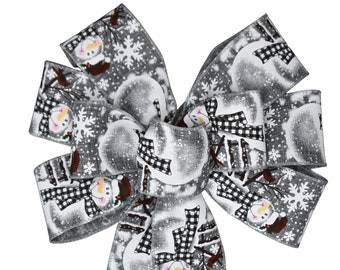 Black and White Snowman Christmas Bow - Handmade Bow - Wired Bow - Wreath Bow - Holiday Bow