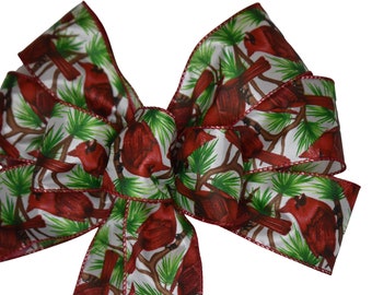 Cardinals on White Satin Bow - Handmade Bow - Red Bird Bow - Wired Wreath Bow - Holiday Bow - Christmas Bow - Choose Size