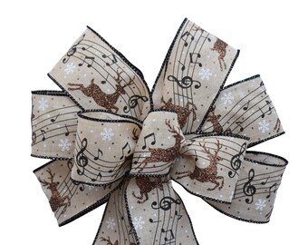 Deer and Music Bow - Handmade Bow -  Linen Bow - Wired Wreath Bow - Christmas Bow - Holiday Bow - Choose Size - Carol Animal Brown Beige