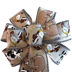 Farm Animals on Linen Bow - Wired Wreath Bow - Handmade Bow - Pig Cow Chicken Rooster Bow - Choose Size - Country - Farmhouse
