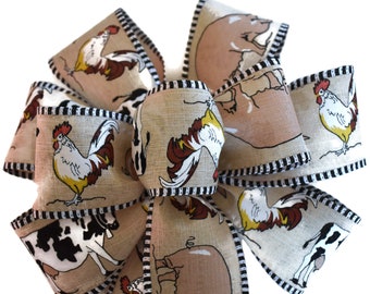 Farm Animals on Linen Bow - Wired Wreath Bow - Handmade Bow - Pig Cow Chicken Rooster Bow - Choose Size - Country - Farmhouse