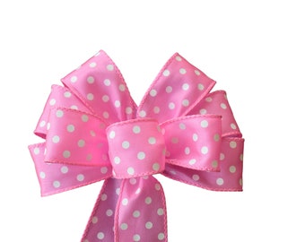 SMALL 6" Light Pink and White Polka Dot Bow - Handmade Bow - Spring Bow - Easter Bow - Wired Wreath Bow
