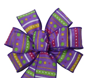 SMALL 6" Purple Stripes and Dots Bow - Handmade Bow - Wired Wreath Bow - Spring Bow - Easter Bow