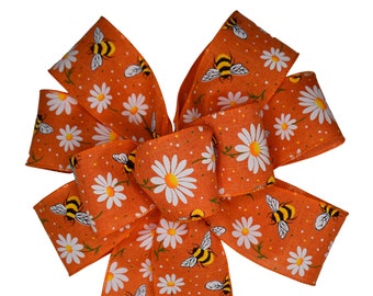 Honey Bees and Daisies Bow - Summer Bow - Handmade Bow - Orange Bow - Wired Wreath Bow - Choose Size - Floral Bow