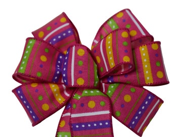SMALL 6" Pink Stripes and Dots Bow - Handmade Bow - Wired Wreath Bow - Spring Bow
